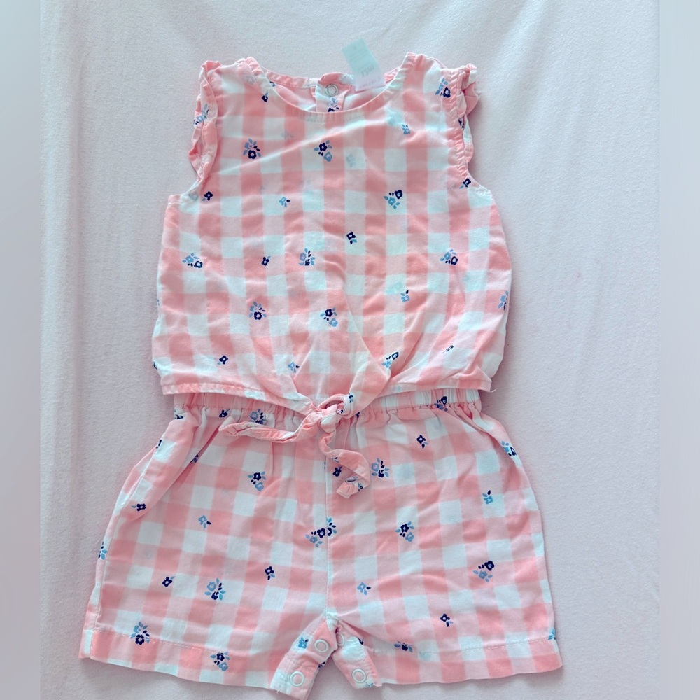 Carter’s 12m romper checkered pink and white with blue flowers